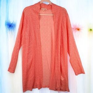Colletta Open-Front Women's Sweater Coral Crocheted Long Sleeve Cover up Sz 12